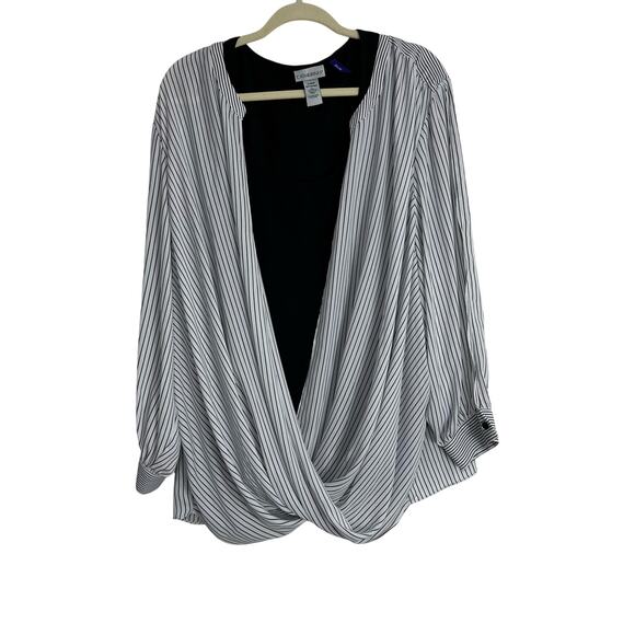 Catherines Faux Wrap‎ Blouse w/ Inner attached Tank Size 3X White Black Stripe - Picture 1 of 6